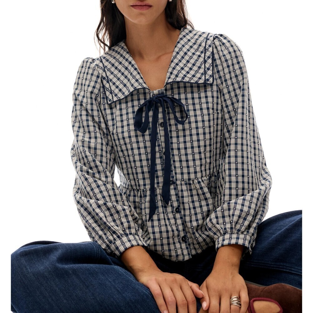 Navy Cream Plaid Tie Neck Puff Sleeve Peplum Blouse